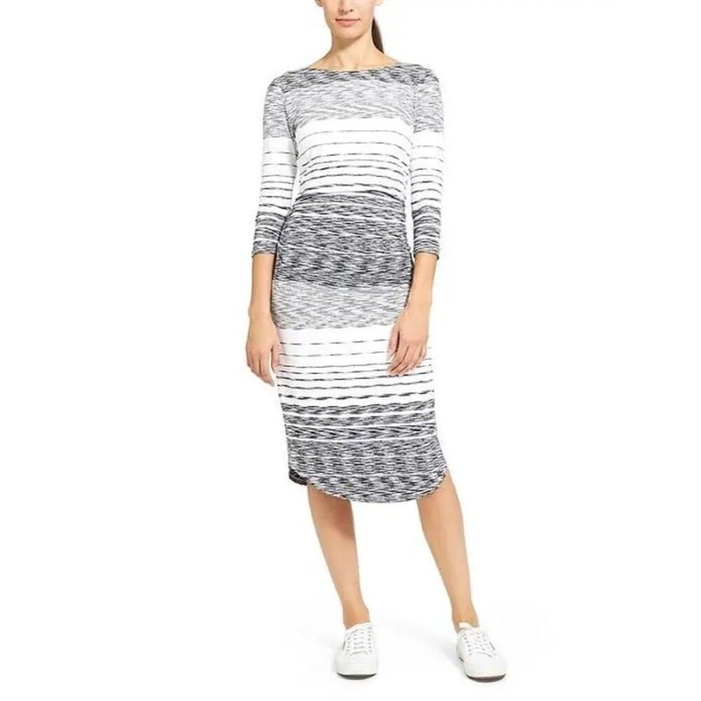 Athleta Comeback Midi Dress Black White Striped 3/4 Sleeves Ruched Sides Sz XL